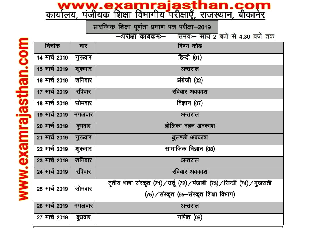 RBSE 8th Class Time Table 2019 rajasthan 8th board time table 2019
