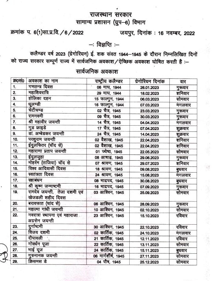 Rajasthan govt calendar 2023 pdf download, raj govt holiday list 2023